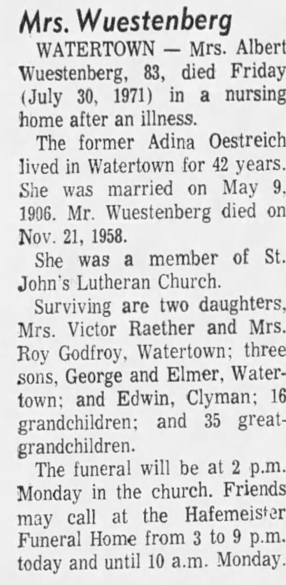 Obituary for Wuestenberg (Aged 83)
